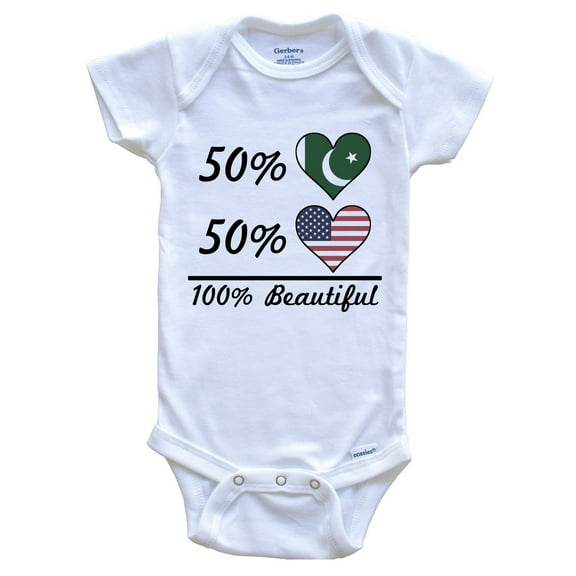 50% Pakistani 50% American 100% Beautiful Pakistan Flag Heart Baby Bodysuit, 0-3 Months White