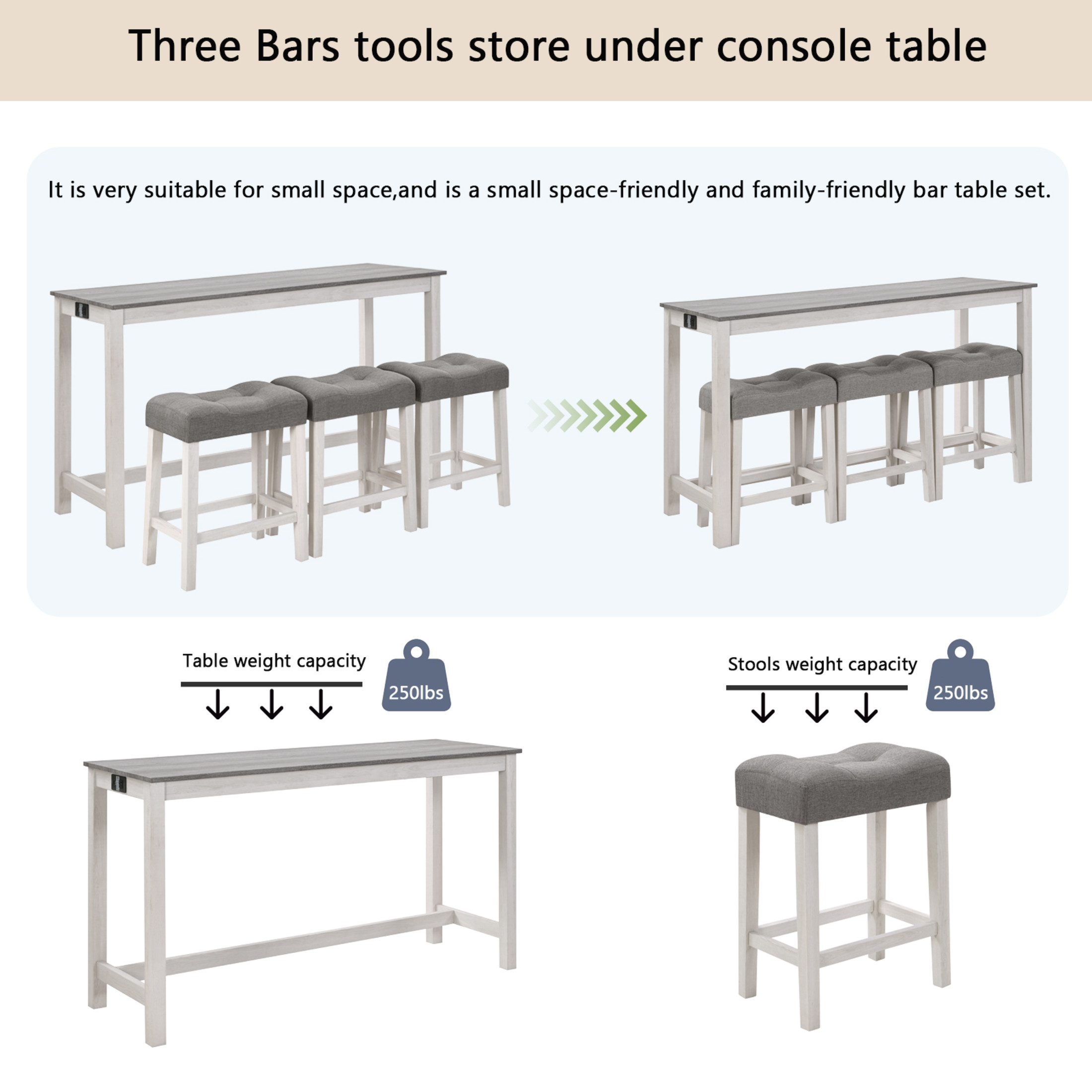 Noble House 35.5"H Dining Bar Table Set with Power Outlet, Upholstered Counter Stools for 3, Gray+White Finish