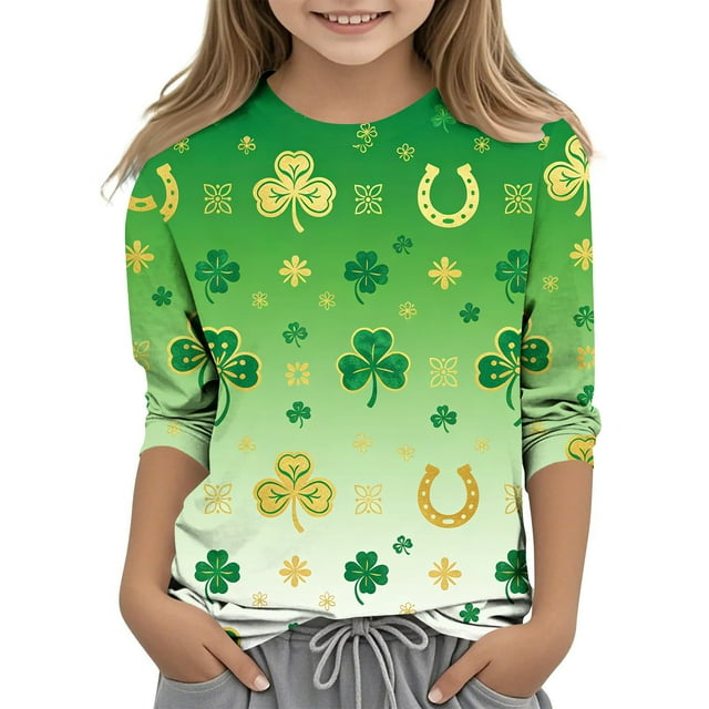 Tauxra Chandail de la Saint-Patrick pour Adultes, T-Shirt à Manches 3/4 Imprimé Col Rond, T-Shirt Graphique Trèfle Décontracté à Manches Longues pour Activités Festives