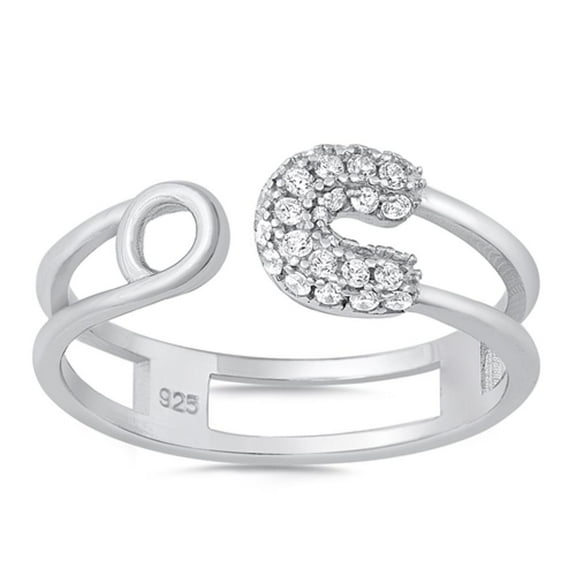 Clear CZ Ring .925 Sterling Silver Safety Pin Adjustable Band White Jewelry Female Size 7