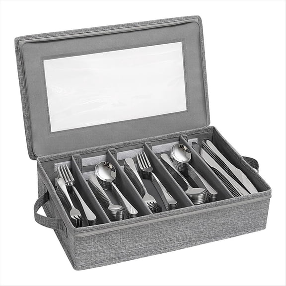 Silverware Storage Box,Flatware Organizer with Zipper Lid, 5 Compartment Cutlery Case with Adjustable Divider and Handle