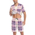 thumbnail image 3 of joogoo Men's Pajama Set Pink Checkered Grid Pattern V-Neck Pj Shorts Set 2 Piece Loungewear Sleepwear L, 3 of 7