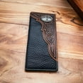 thumbnail image 2 of Mens Long Wallet Black Leather Soft Leather Cow Hair Checkbook Style Cowboy Hand Crafted High End Mens Wallets Leather Tooled Longhorn, 2 of 8