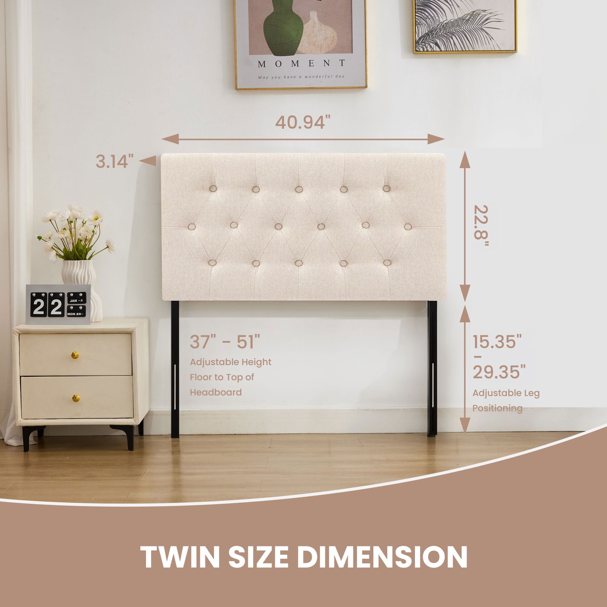 JONPONY Tufted Upholstered Headboard Twin Size, Solid Wood Head Board with  Adjustable Height  Headboard from 37" to 51",Bed Frame Adapters,Beige,Headboard Only