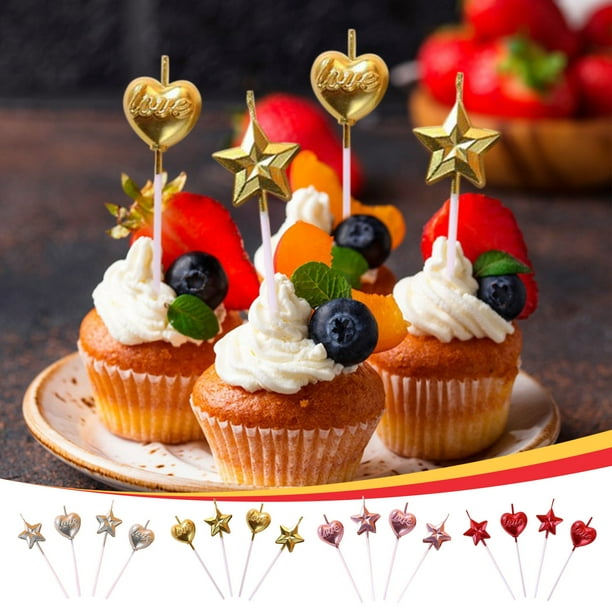 Xihbxyly Vela de Cumpleaños con Forma de Estrella de Cinco Puntas, Chapada En Oro, Decoración para Tartas En Forma de Corazón, Diseño Versátil para Tartas de Boda o Cumpleaños, Estrella y Corazón Sim