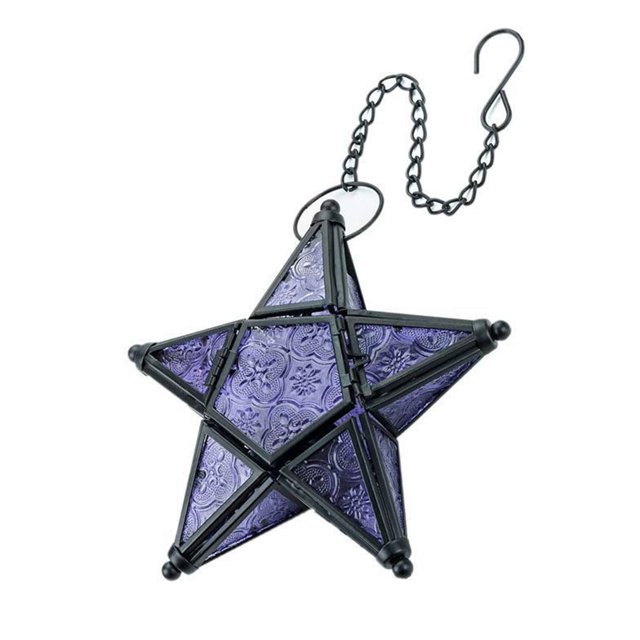 Dsscvnef European Style Colored Embossed Glass Five Pointed Star Candlestick Hanging Wind Lamp Aromatherapy Candle Holder Home Decoration