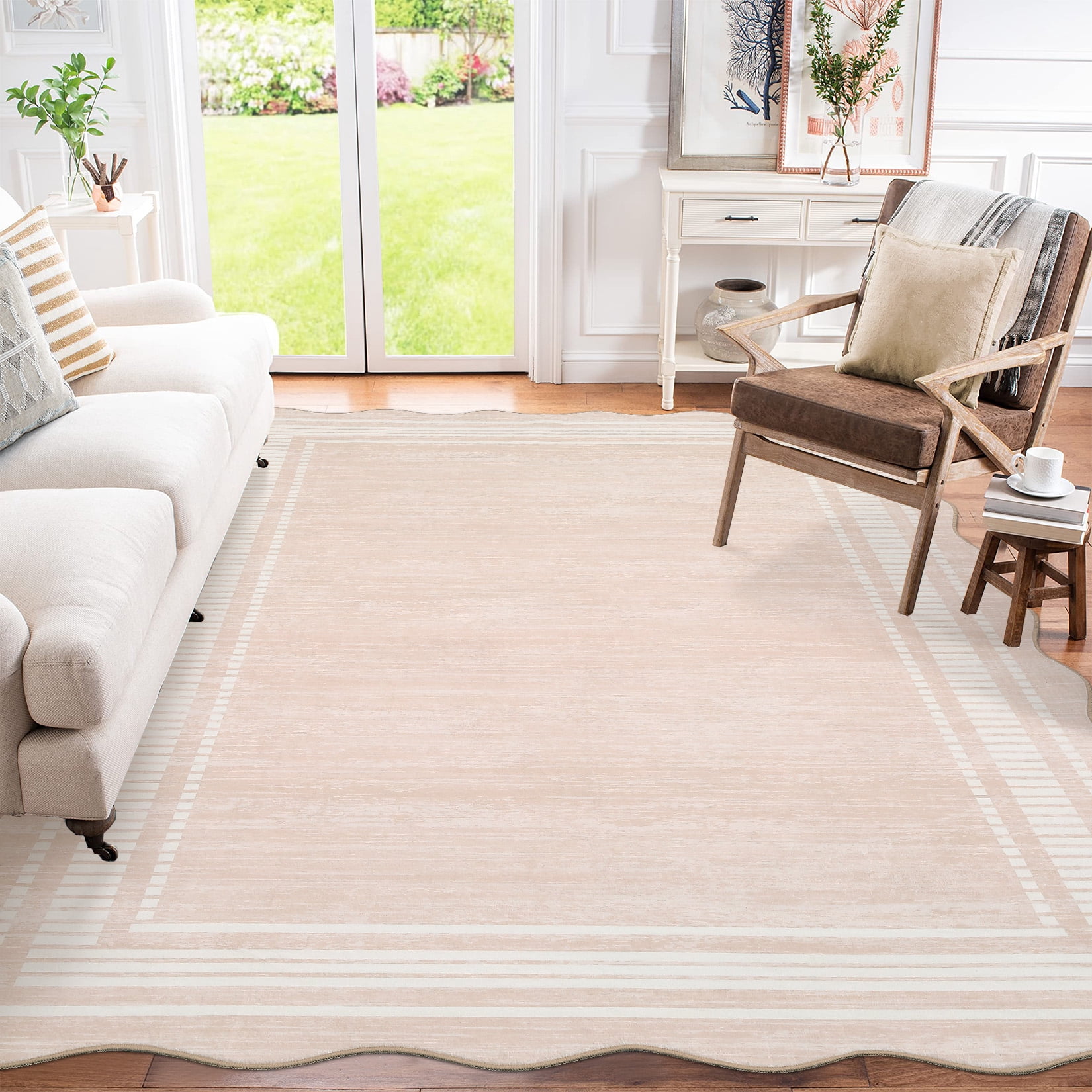 Washable Rugs for Living Room, Non Slip Modern Scalloped Rugs, Low Pile Soft Stain Resistant Rug Non Shedding Modern Print Floor Mats for Home Decor
