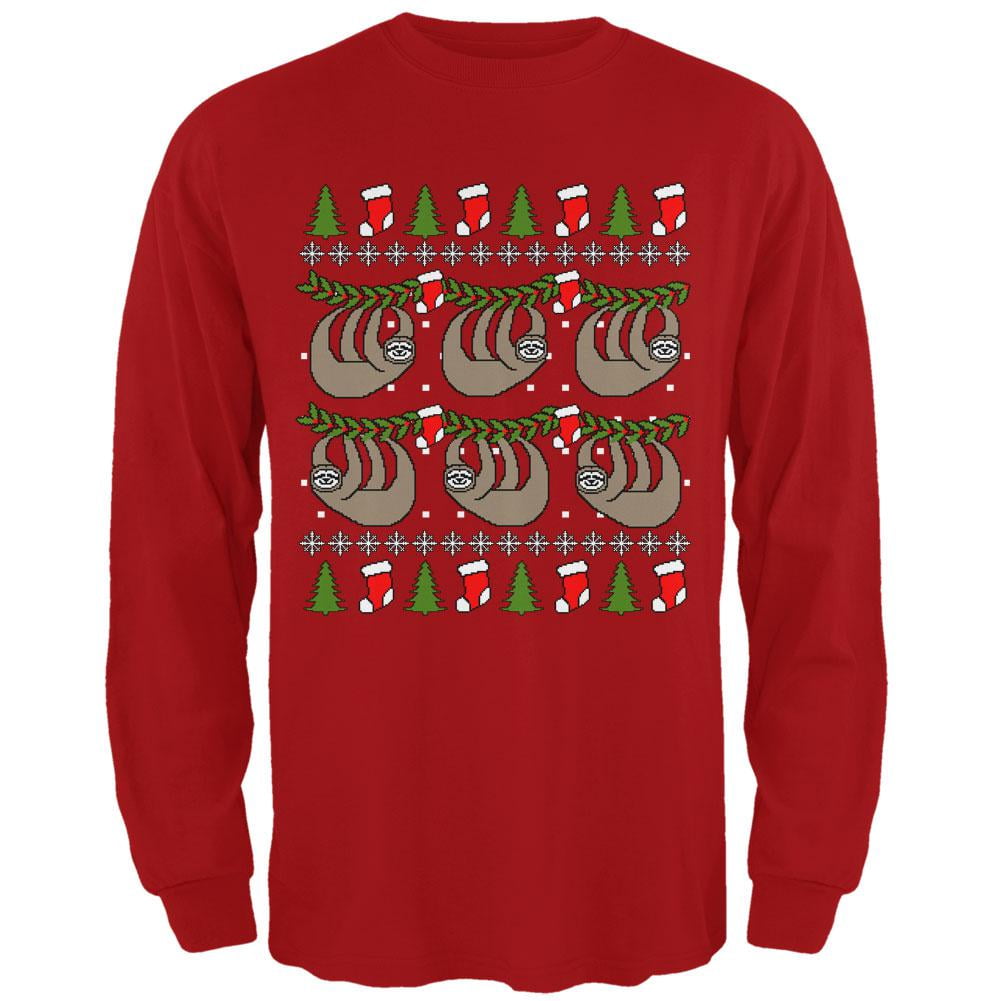 Old Glory Hanging Sloth Ugly Christmas Sweater Mens Long Sleeve T Shirt - Red - 2XL