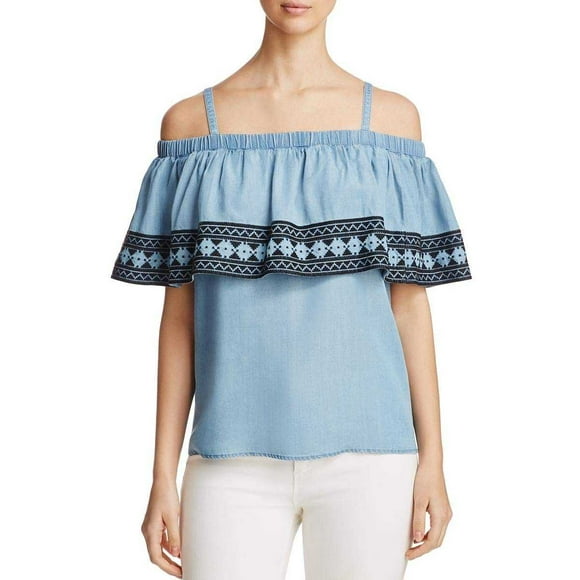Bagatelle Blouse à Volants Épaules Dénudées, Bleu, Moyen