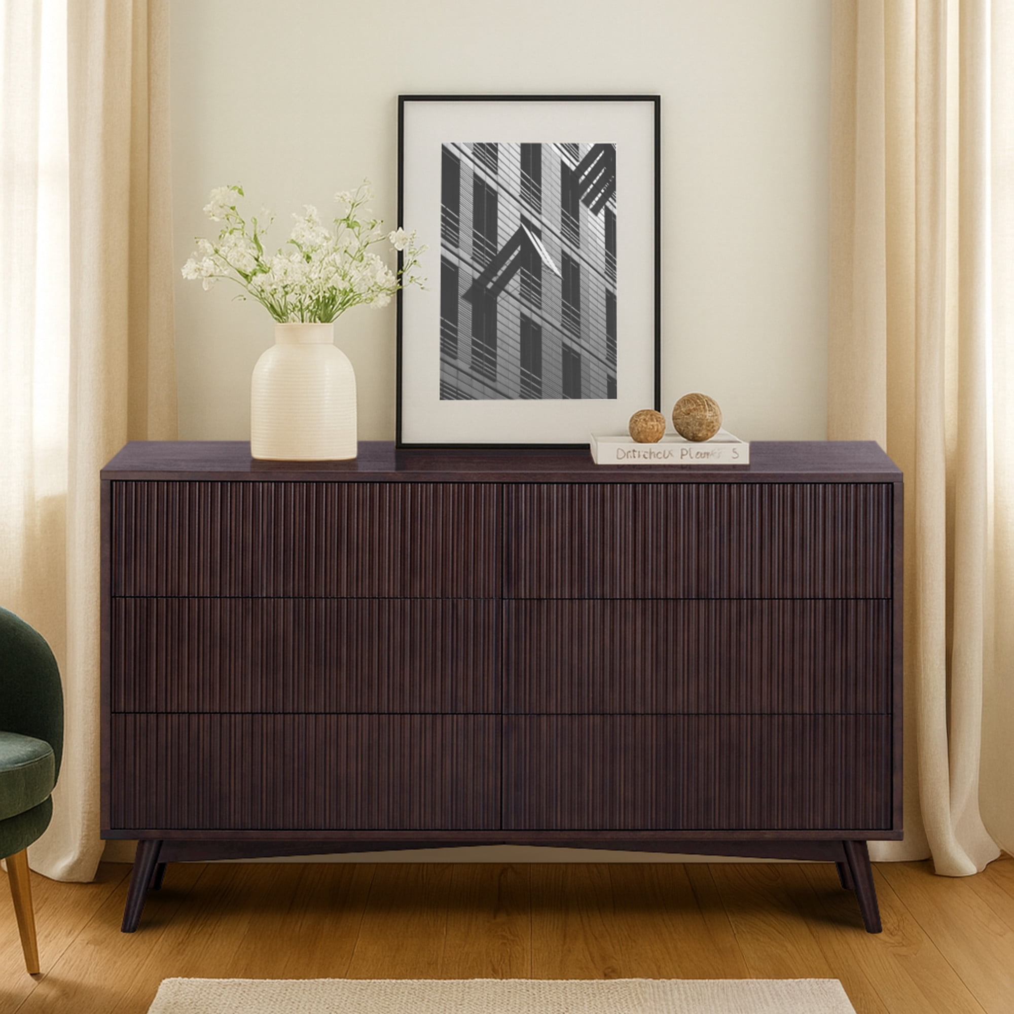 Tremolo Modern Boho 6-Drawer Dresser with Solid Wood & Contemporary Fluted Fronts - Teamson Home
