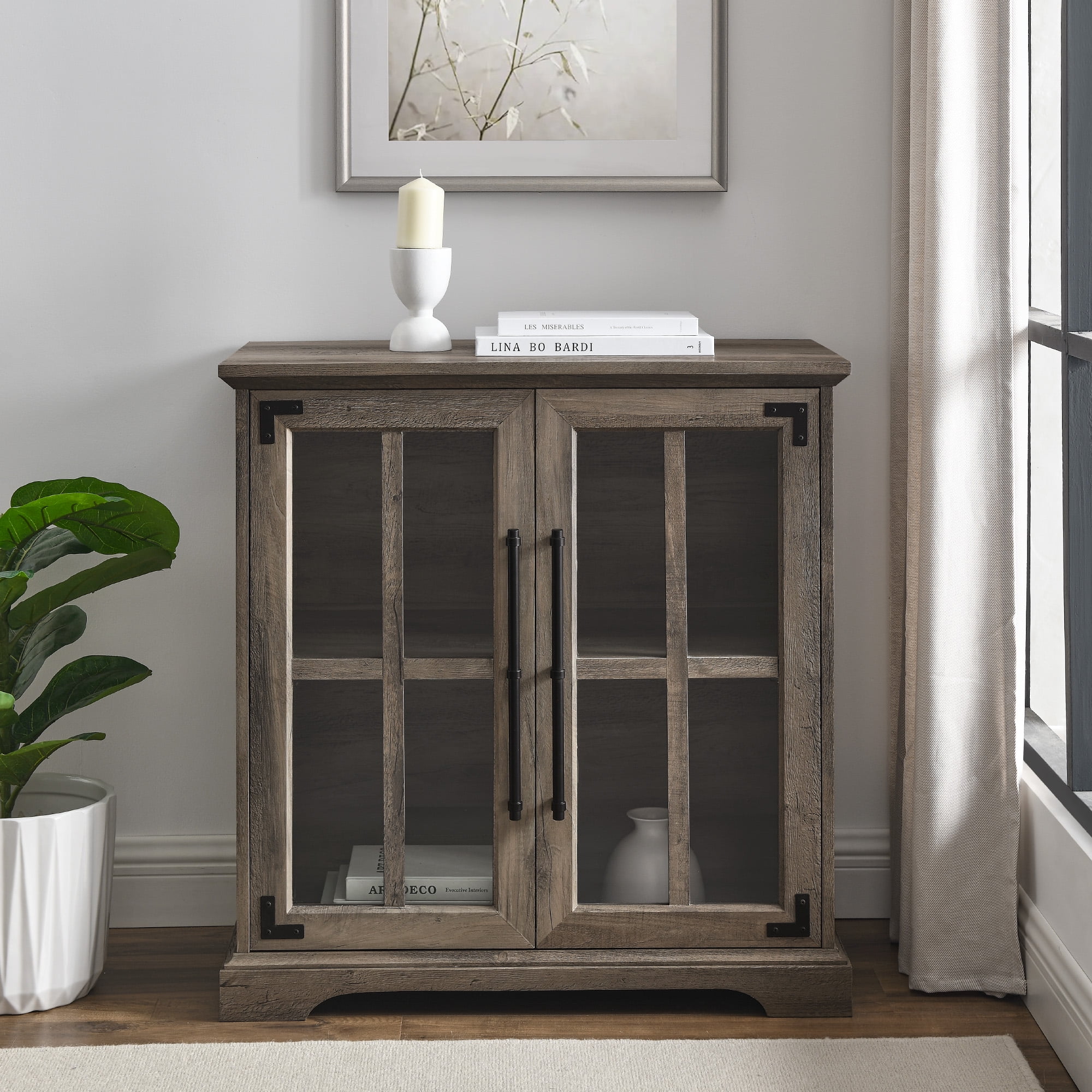 Manor Park Farmhouse Glass Door Accent Cabinet, Grey Wash