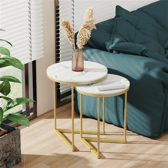 Wisfor 2pcs Nesting Sofa End Tables Coffee Table High Gloss Sintered Stone Marble Tabletop with Golden Metal Legs for Living Room Office