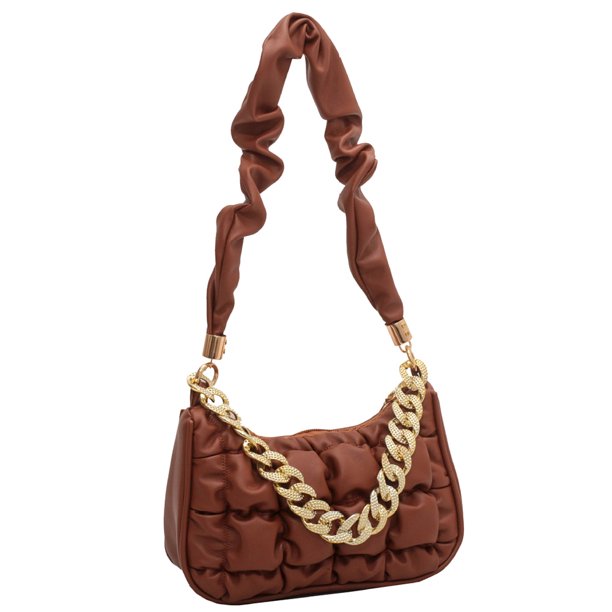 Bolso de hombro para mujer Bordado plisado PU Cadena de cuero Bolso para axilas (marrón oscuro) Tmvgtek Para Estrenar