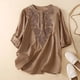 thumbnail image 1 of Puntoco Camisa De Algodón Y Lino Bordada De Gran Tamaño Estilo Occidental Para Mujer, Camisa Jersey De Cuello Redondo Adelgazante Versátil, Camiseta, Caqui M/3, Regalo Para Mujer, 1 of 3