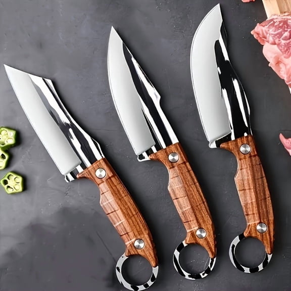 Plys 4 inch Fixed Blade  Hunting Knife 3PC Set , Carbon Steel Boning Camping Knives