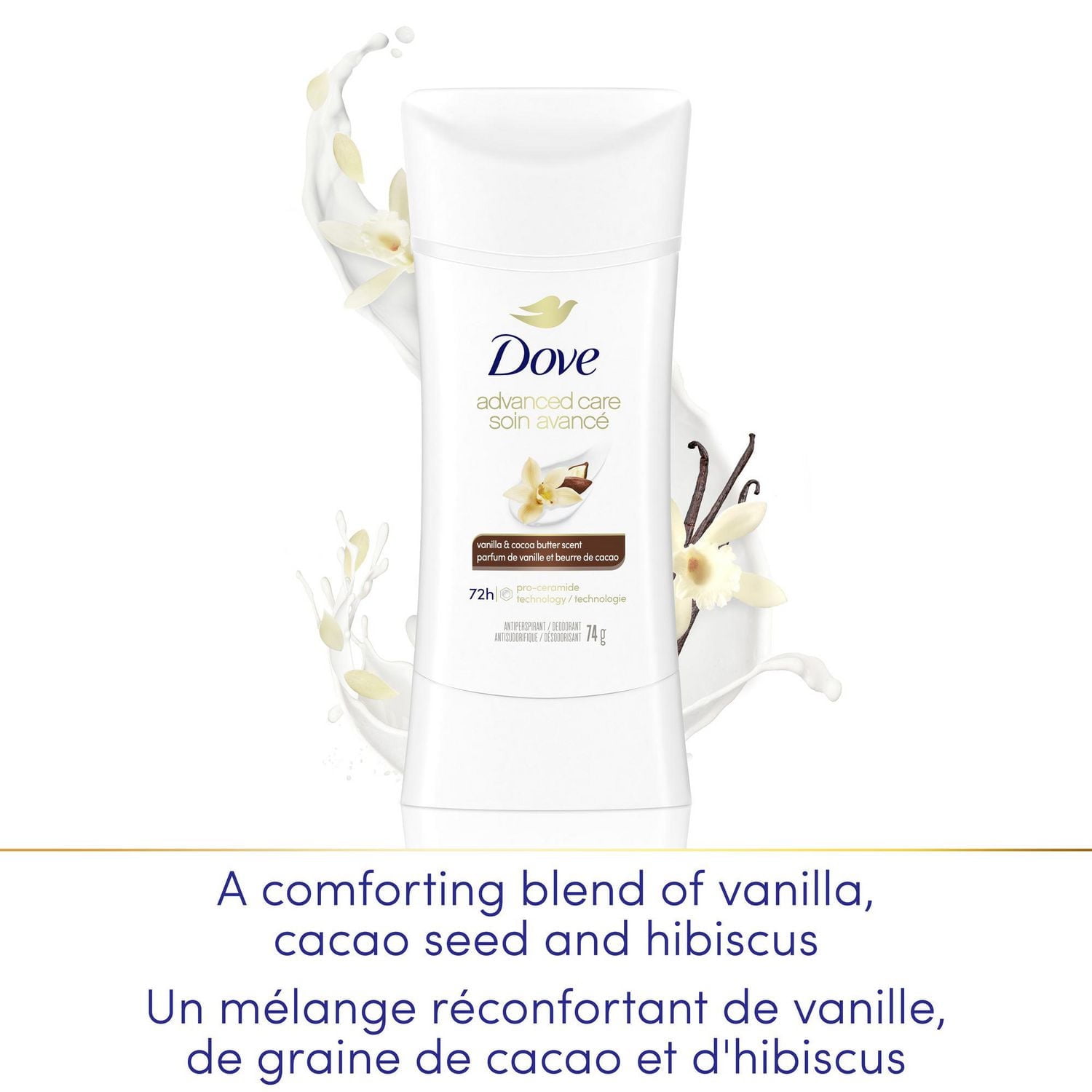 Dove Soin Avancé Désodorisant Antisudorifique Vanille et Beurre de Cacao, 74 g