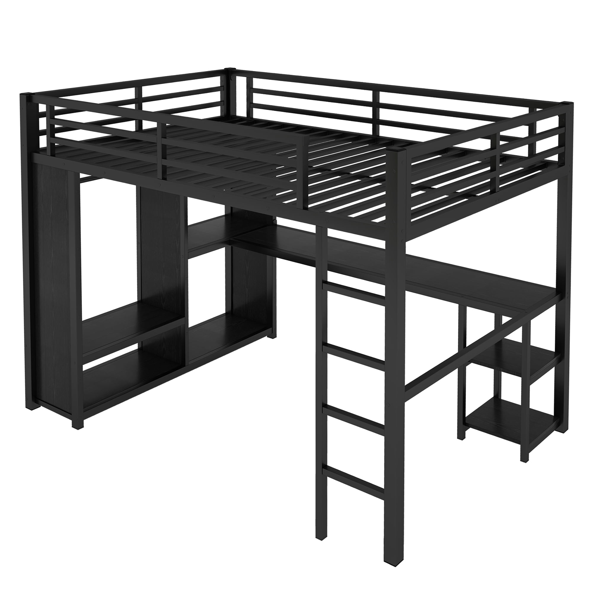 HOQBN Loft Bed Full Size with Built-in Wardrob,Metal Loft Bed Frame with Desk and Storage Shelves,Black