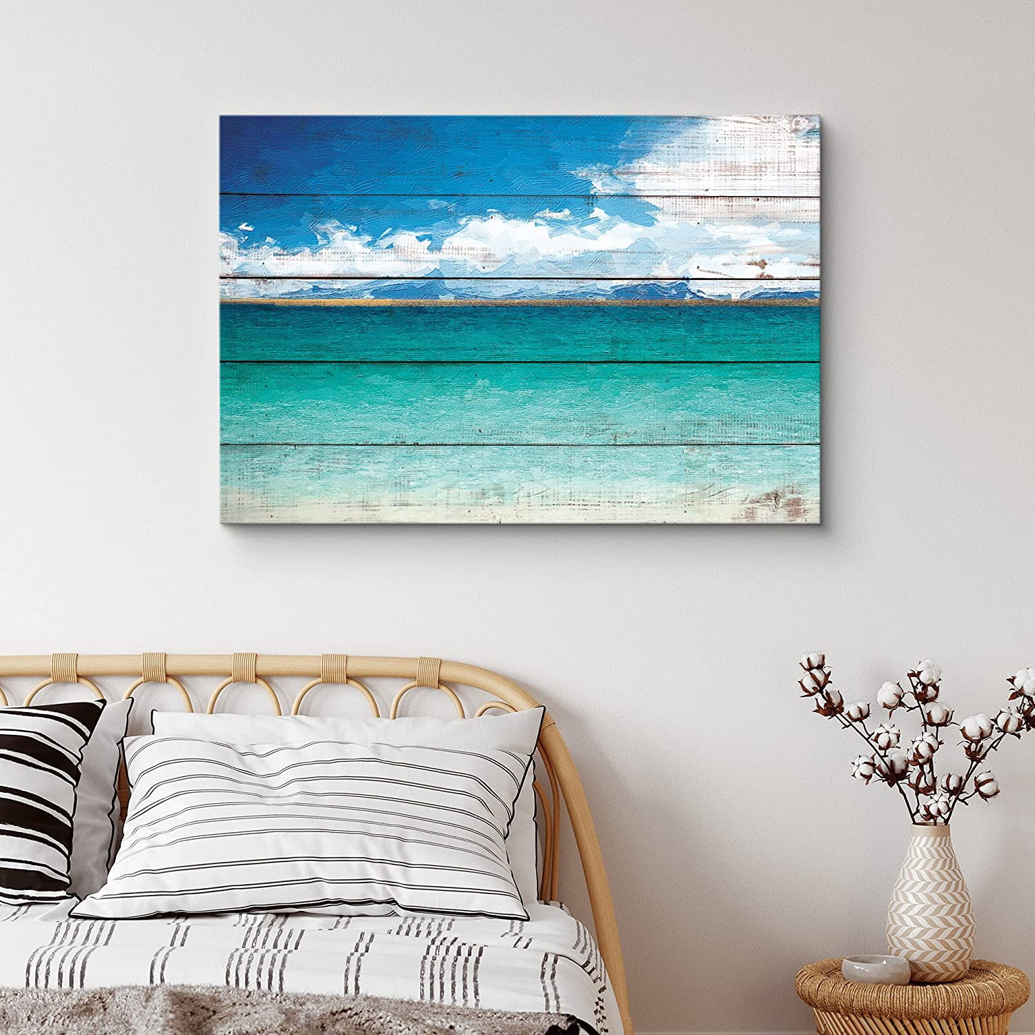 PixonSign Canvas Print Wall Art Wood Panel Style Blue & Teal Beach