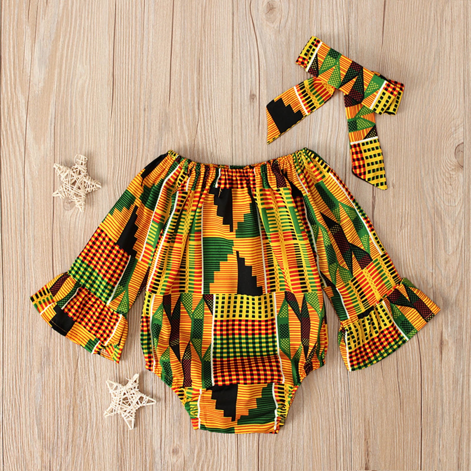 0-2Y Toddler Baby Girls African Print Long Sleeve Romper Hair Band  Bodysuits Clothes 