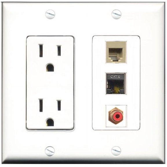 RiteAV - 15 Amp Power Outlet 1 Port RCA Red 1 Port Phone Beige 1 Port Shielded Cat6 Ethernet Ethernet Decorative Wall Plate