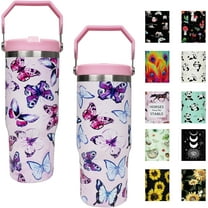 30 oz Butterfly Flip Straw Tumbler with Top Handle for Butterfly Lover Resuable Vacuum Insulated Flip Top Water bottle for Home Office Car Dishwasher Safe Butterfly