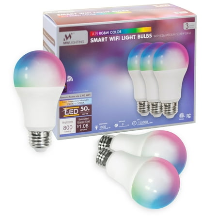 

MW Lighting 3pack A19 LED RGBW Smart WIFI Light Bulb E26 Screw Base