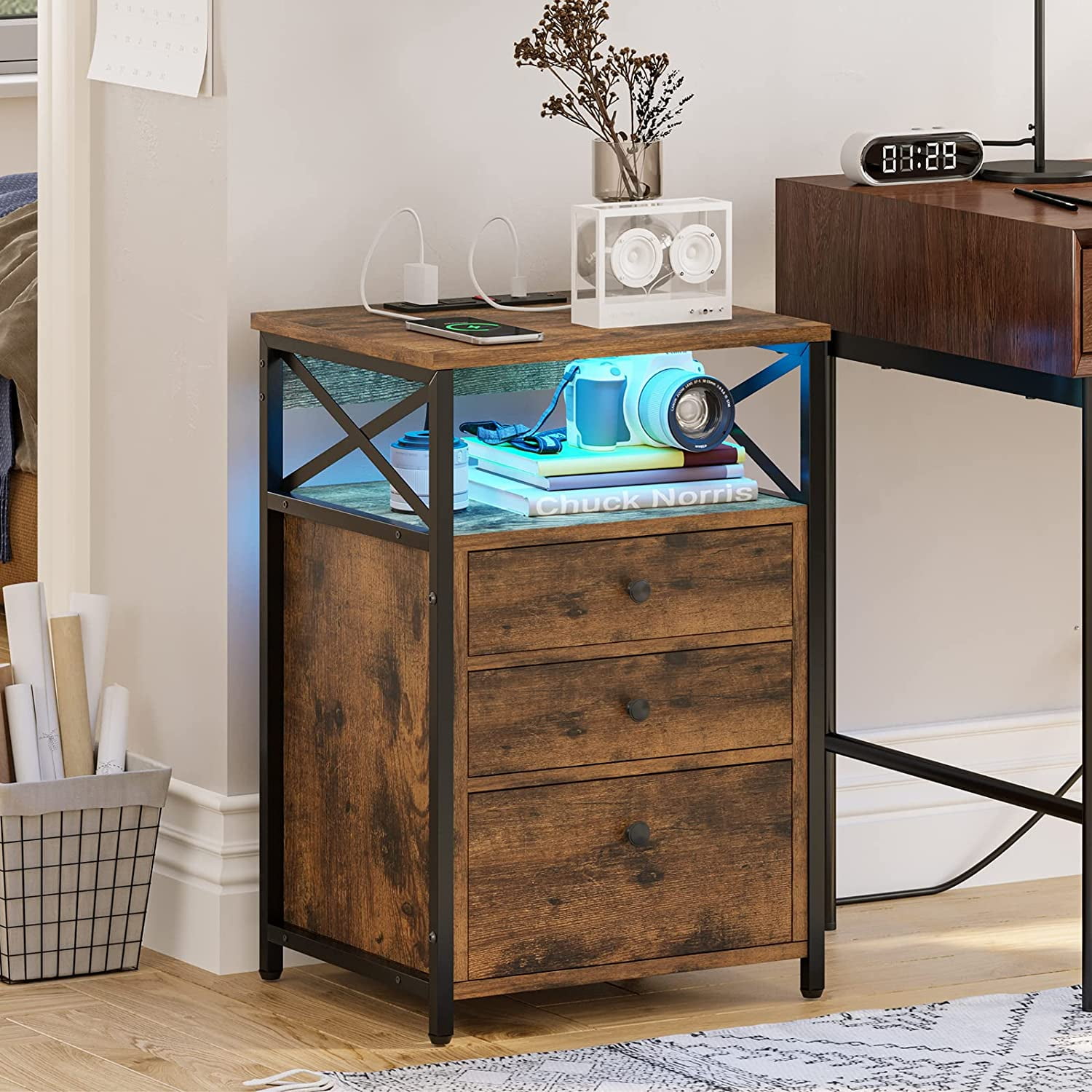 LED Light Bedside Table, Nightstand with 3Drawer, Brown Finish