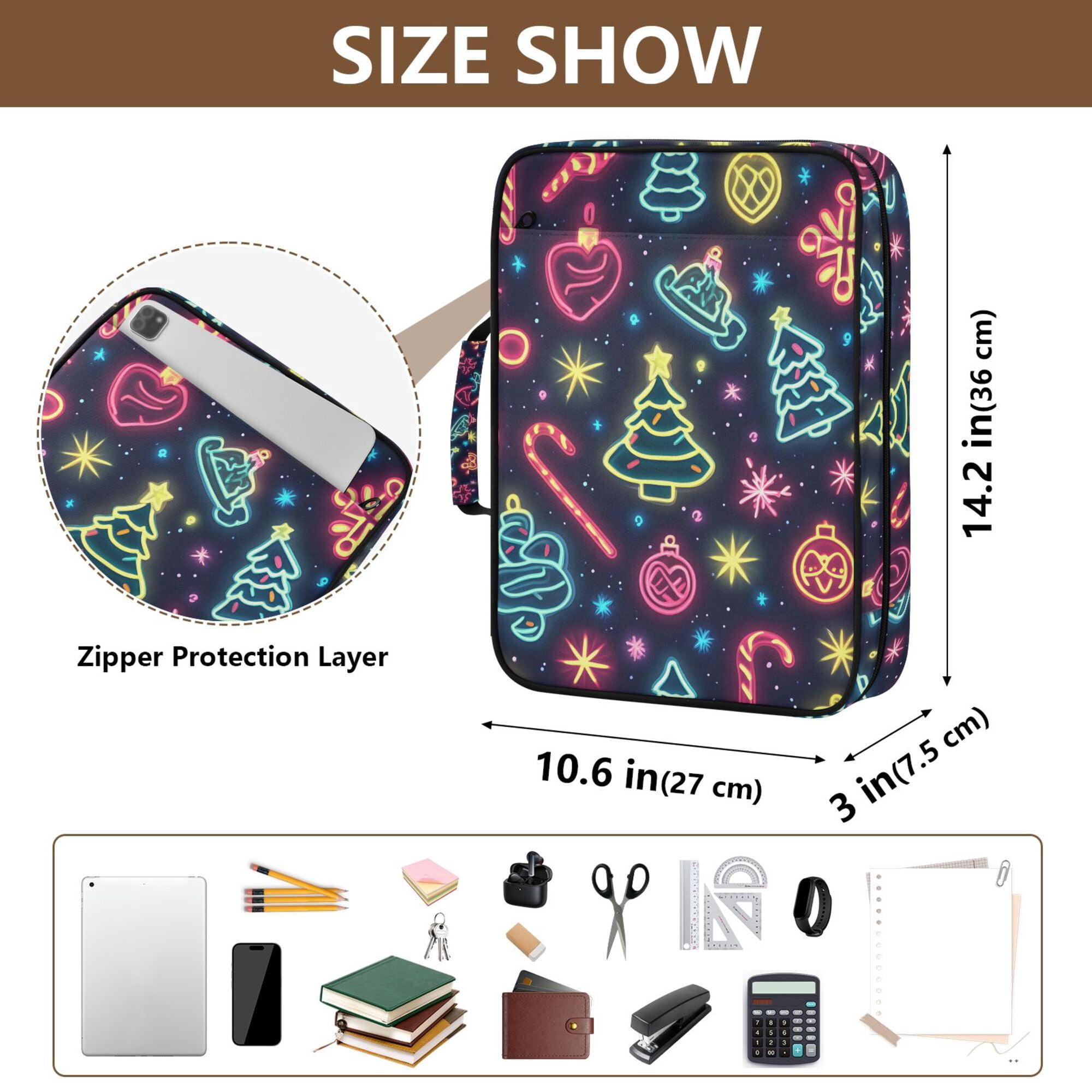 FORMRS Accordion File Folder A4 Size 7-Pocket Expanding Document Organizer Bag with 3 Ring Binder, Neon Christmas