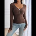 thumbnail image 4 of Camisa de Larga para Mujer, Cuello en V, Botones, Punto Acanalado, Corte Entallado, Informal, Básica, para y Otoño Marrón XL, 4 of 9