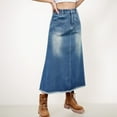 thumbnail image 3 of Women's High Waist A-Line Denim Maxi Skirt with Front Patch Pockets and Raw Hem Detail - Small, Blue, 3 of 7