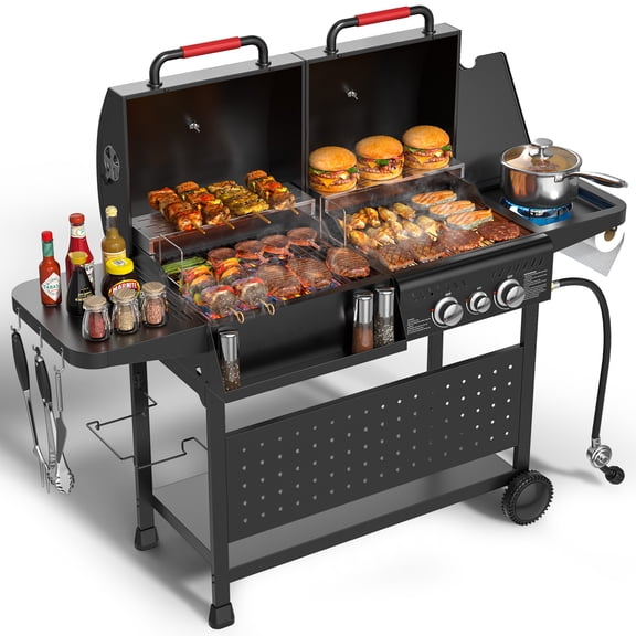 3-Burner Gas & Charcoal Grill Combo with 30,000 BTU, Dual Fuel BBQ Grill, 748 SQ.in Cooking Space, for Backyard BBQ, Outdoor Cooking