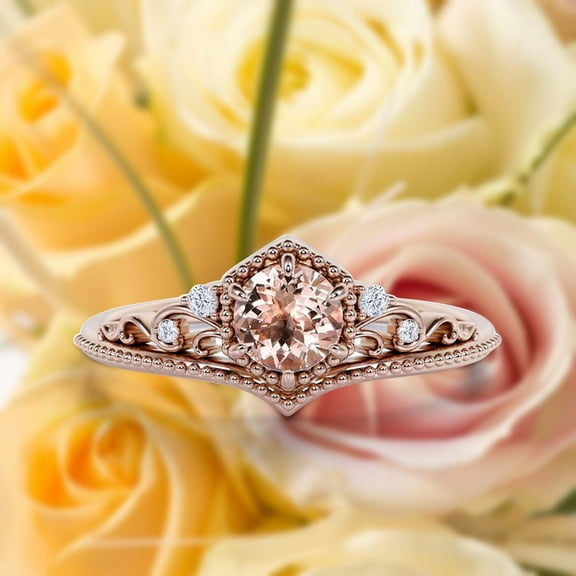 Modern Ring Art Deco 1.50 Carat Round Cut Morganite And Diamond Moissanite Crown Engagement Ring, Wedding Ring in 925 Sterling Silver With 18k Rose Gold Plating, Promise Rings, Anniversary Ring