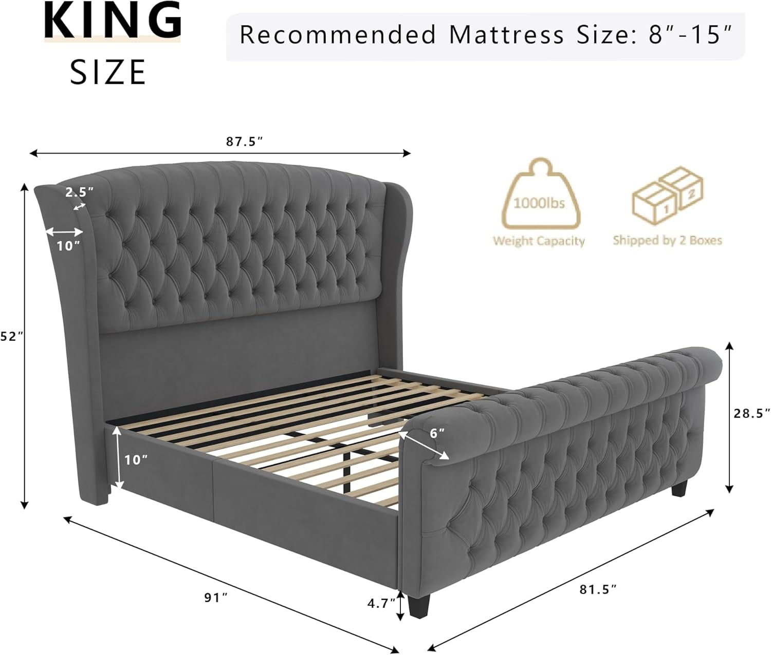 Amerlife King Size Bed Frame with Chenille Upholstery, Scroll Wingback Headboard and Footboard, Cream