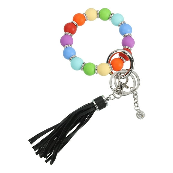 Uxcell Silicone Wristlet Keychain, Cute Beaded Wristlet Keychain Car Key Ring with Leather Tassel for Women, Rainbow