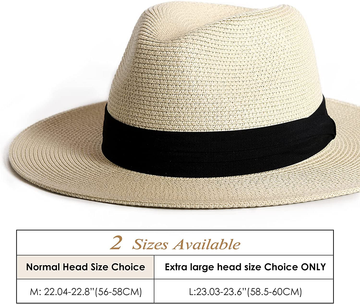 Panama Hat Sun Hats for Women Men Wide Brim Fedora Straw Beach Hat UV UPF  50- Beige- M 
