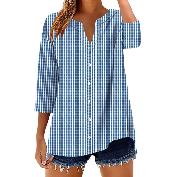 Fewfanhot Women Gingham Plaid 3/4 Sleeve Blouse, Notched V‑Neck Button Front Tunic Top, Loose Fit Casual Shirt for Ladies