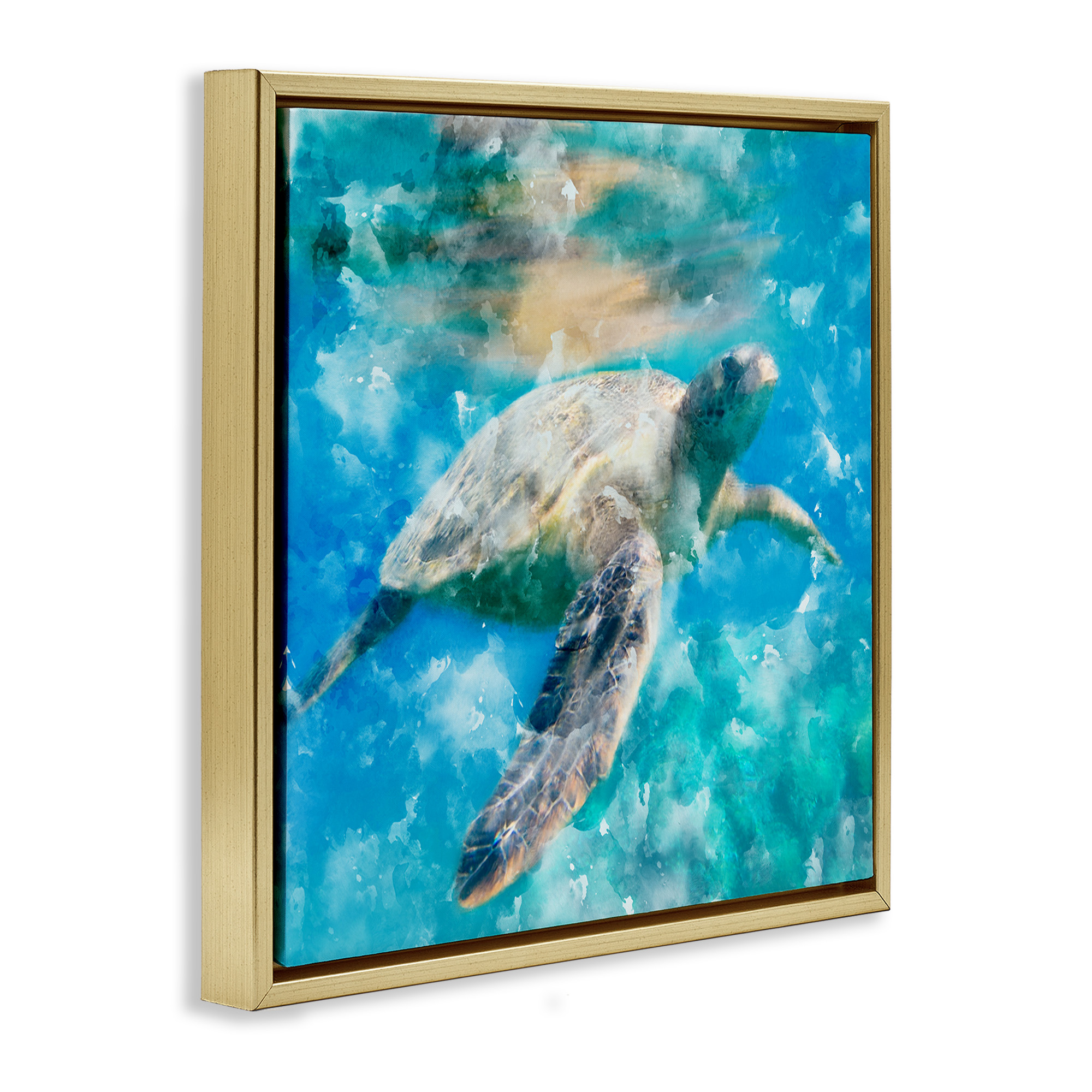 Stupell Industries Aquatic Swimming Sea Turtle Animals & Insects Painting Gold Floater Framed Canvas Art Print Wall Art, 18 x 18