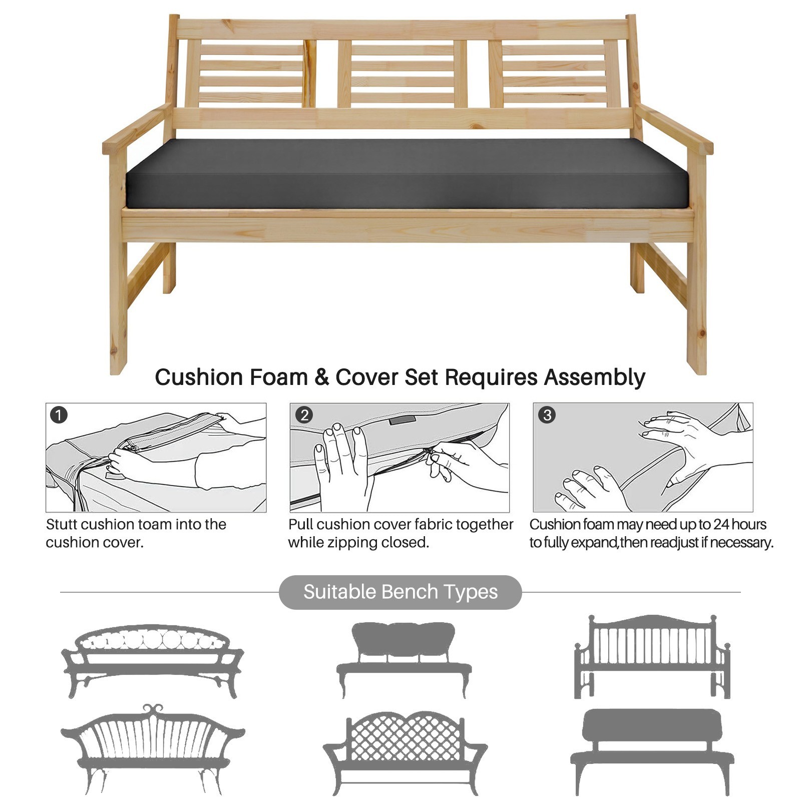 JIAN YA NA Outdoor Bench Cushions, Waterproof Swing Cushion Pads with Ties for Garden Patio Furniture (Dark Gray, for 3 Seater 150cm x 46cm)