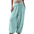 thumbnail image 3 of Womens Casual Loose Fit Wide Leg Cotton Pants Drawstring Stitching Baggy Pants Trousers with Pockets Light Blue L, 3 of 9