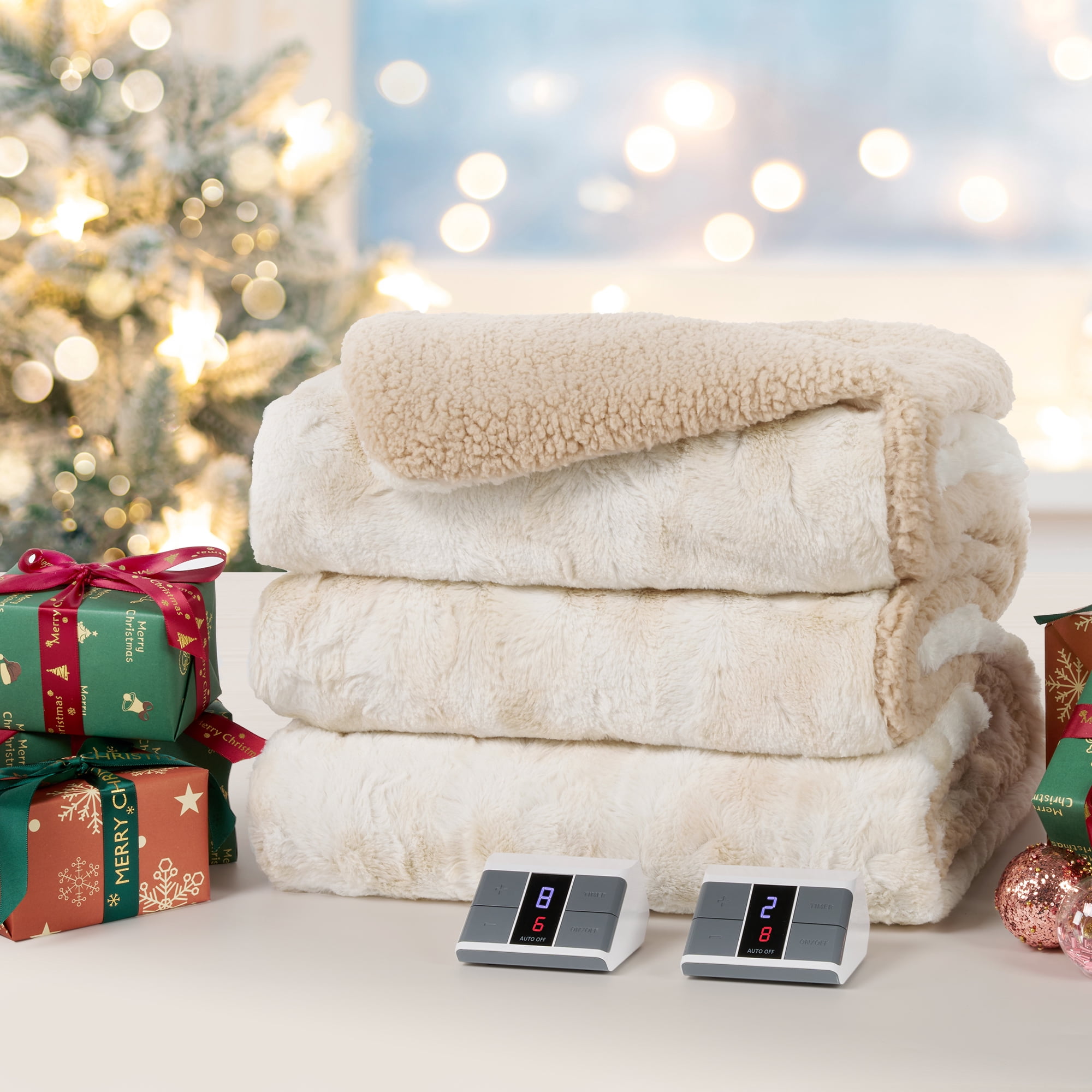 MARNUR Heated Blanket Queen Size 84" x 90", Faux Fur & Sherpa Electric Blanket with Dual Controllers, 10 Heat Levels, 10H Timer, Tie-Dye Off White