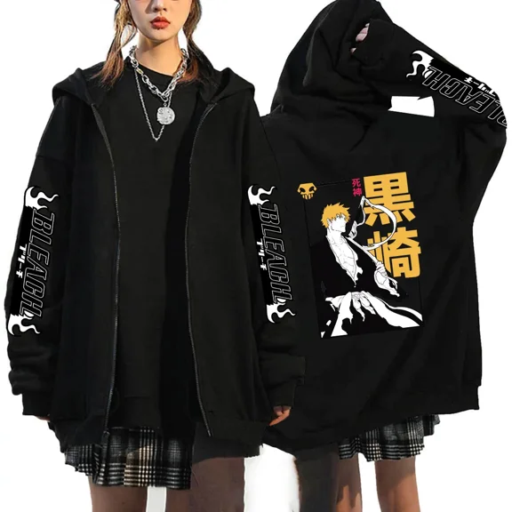 DINGCAI Kurosaki Ichigo Printed Zip-Up Hoodie - Unisex Oversized Harajuku Streetwear,XS,1
