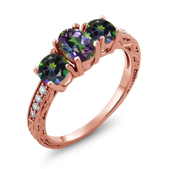 Gem Stone King 2.22 Ct Oval Green Mystic Topaz 18K Rose Gold Plated Silver Moissanite Ring (Size 6)