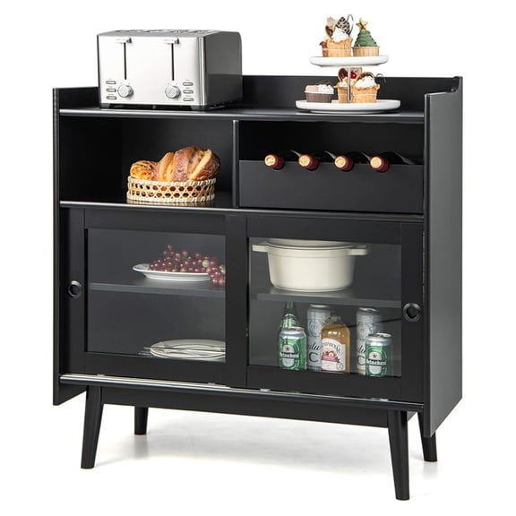 Black Buffet Cabinet with Storage, Kitchen Sideboard with Sliding Tempered Glass Doors & Pull-Out Wine Rack, Coffee Bar Station with Adjustable Shelf for Kitchen, Living Room