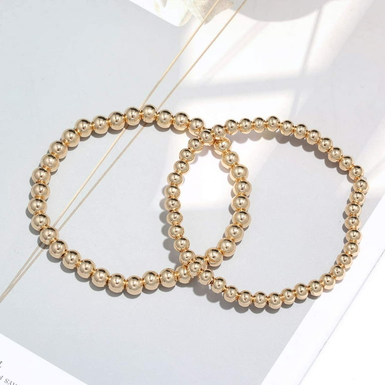 Gold Beaded Bracelet Set for Women Stack 14 K Real Gold Plated Ball Bracelets Elastic String Bracelet 4 mm 5 mm 6mm Small Beads Friendship Bracelet