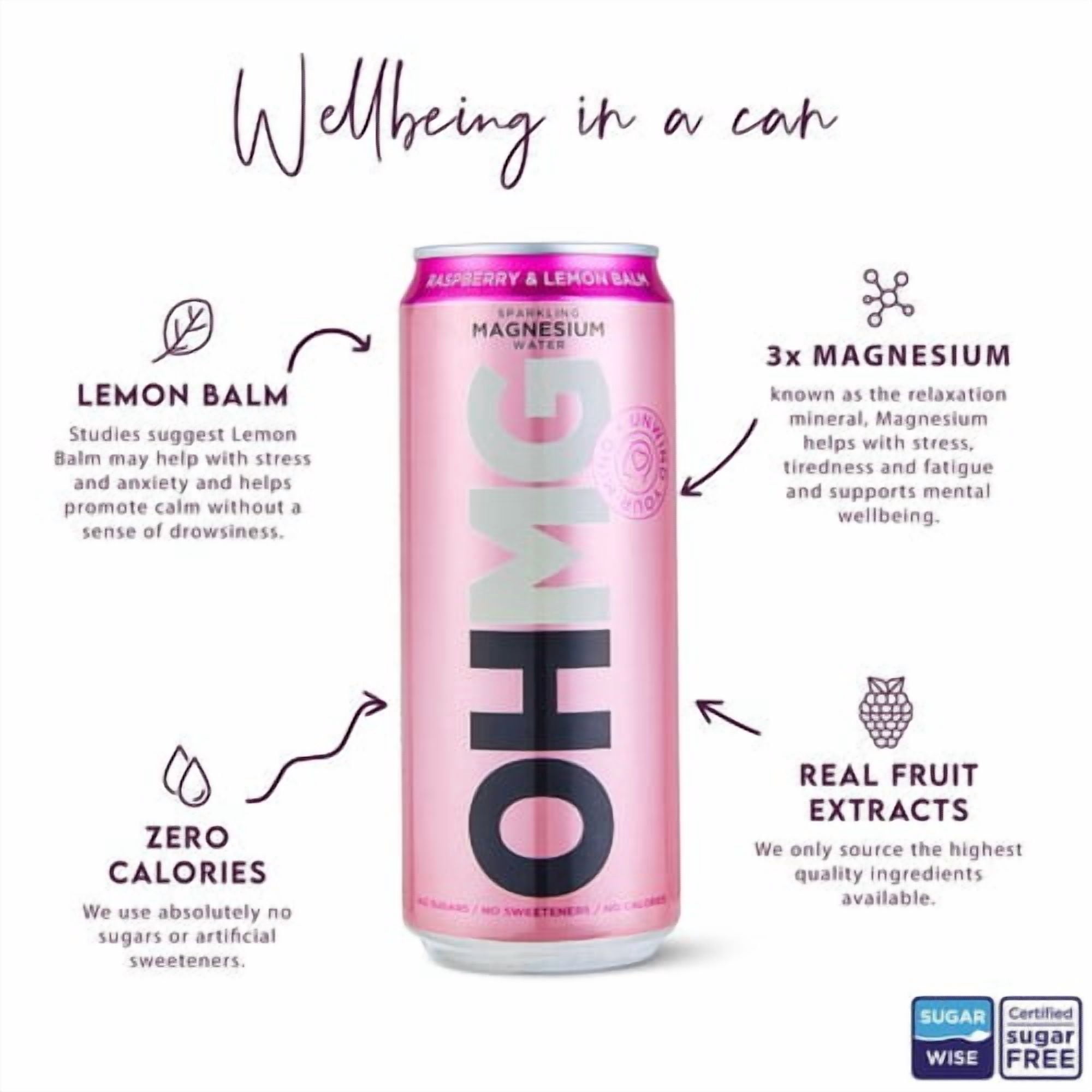 OHMG Raspberry sparkling magnesium water 4 x 330ml, British Import (Pack of 2)