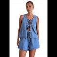 thumbnail image 3 of Conjunto de Dos Piezas de Mezclilla con Lazo Frontal para Mujer, Sin Mangas, Escote en V Profundo, Chaleco, Pantalones Cortos de Cintura Elástica Azul XL, 3 of 9