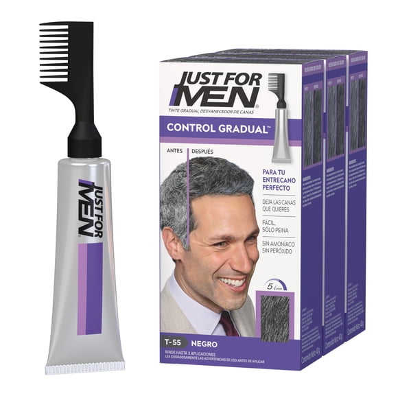 Just For Men Control Gradual, Tinte Para Canas, Color Negro T55, Cubre Algunas Canas, Paquete De 3, 40g