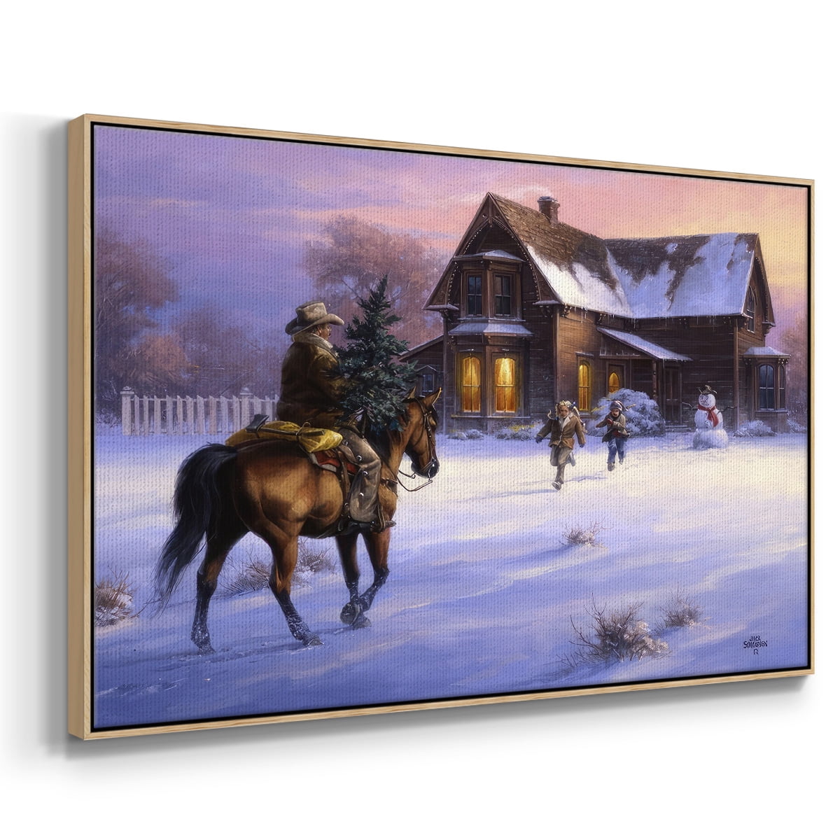 The Day Daddy Brought Home the Tree - Framed Gallery Wrapped Holiday Canvas - 25 x 37 - Natural Wood Frame