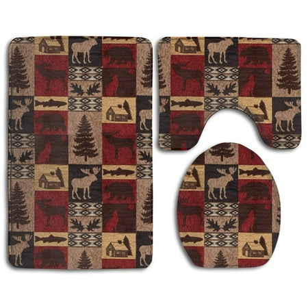 Fish Bath Mats & Rugs GOHAO Lodge Bear Deer Fish 3 Piece Bathroom Rugs Set Bath Rug Contour Mat and Toilet Lid Cover ()