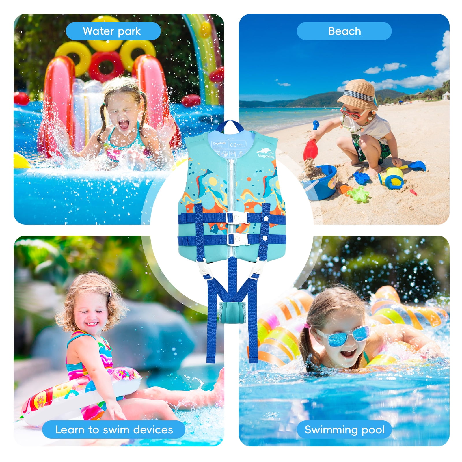 Gogokids Kids Life Jacket Swim Vest with Adjustable Safety Strap,Toddler Float Jacket Boys and Girls Float Swimsuit Buoyancy Swimwear